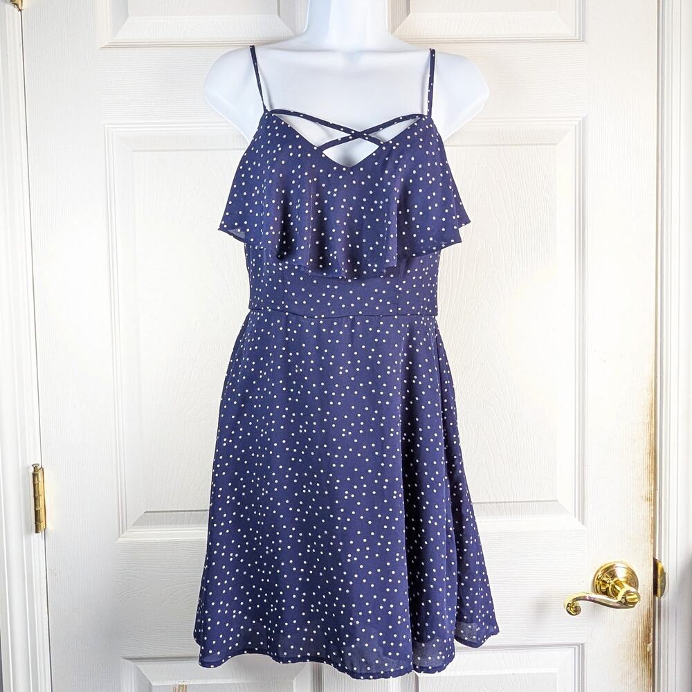 Three Pink Hearts Navy Polka Dot Strappy Ruffle Bodice Mini Dress Size S